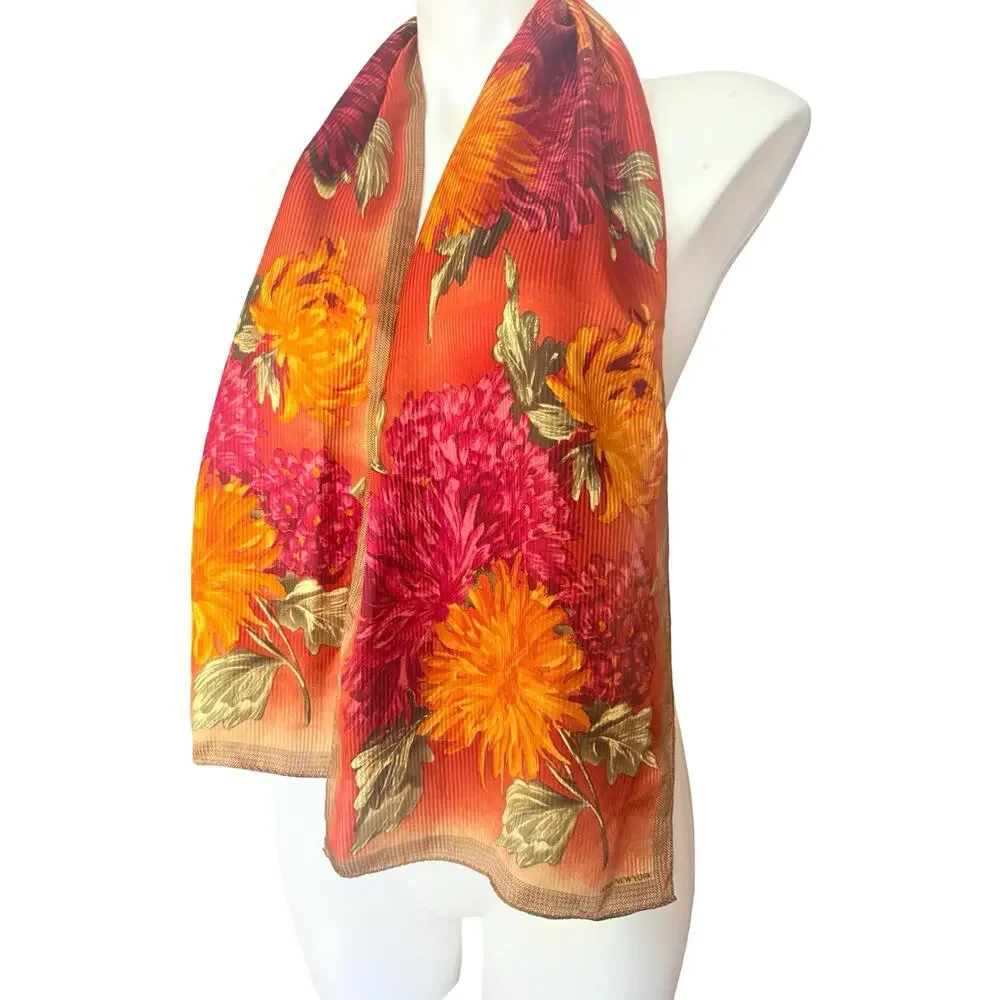 Vintage Jones New York Silk Floral Scarf 1990s Orange Red Chrysanthemum 11x52